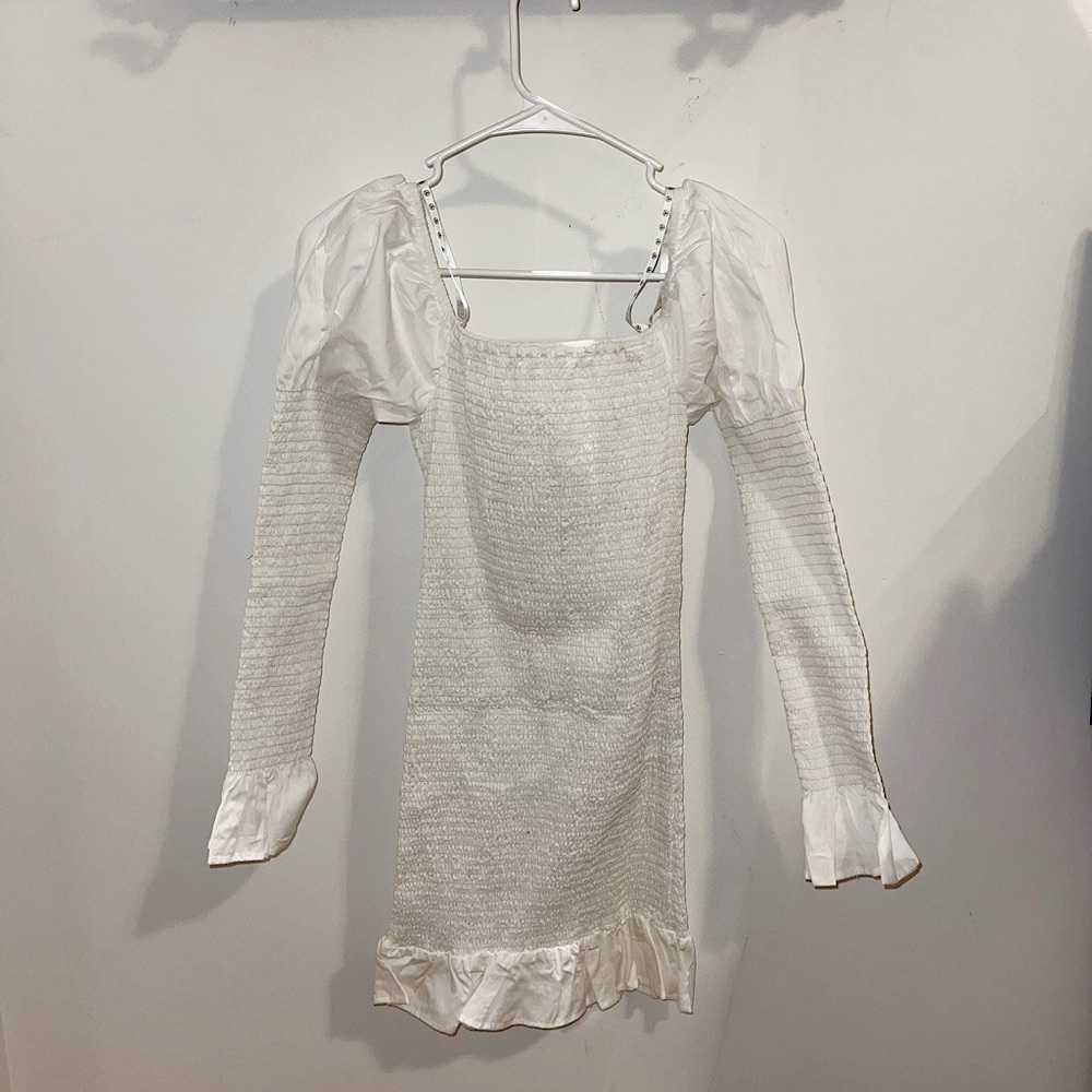 Square Neck Shirred White Mini Dress